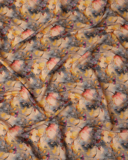 Beige and Multicolor Abstract Floral Printed Viscose Crepe Fabric, 110 Cms Width, Made in India-D26224