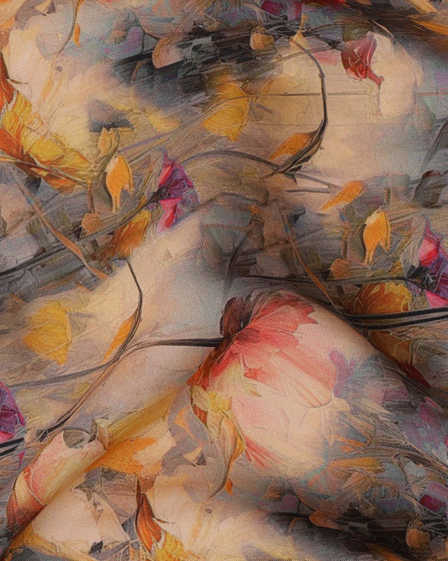 Beige and Multicolor Abstract Floral Printed Viscose Crepe Fabric, 110 Cms Width, Made in India-D26224