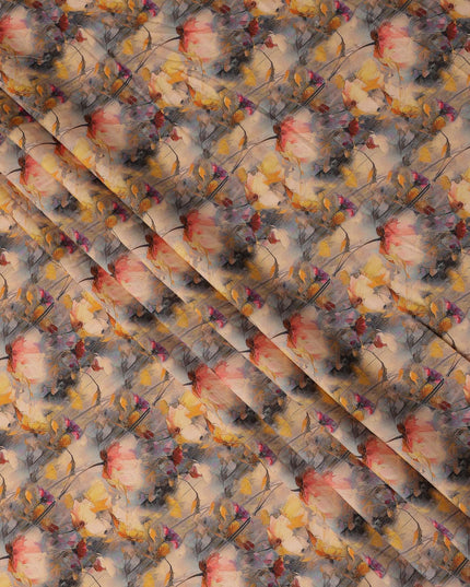 Beige and Multicolor Abstract Floral Printed Viscose Crepe Fabric, 110 Cms Width, Made in India-D26224