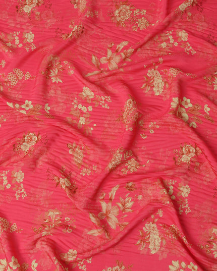 Pink and Gold Floral Printed Viscose Crepe Fabric, 110 Cms Width, Made in India-D26219