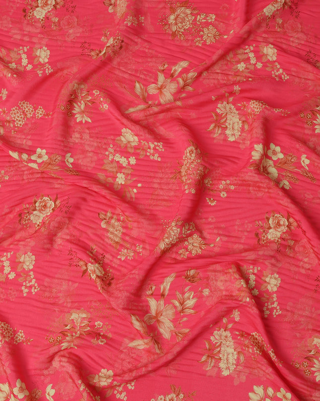 Pink and Gold Floral Printed Viscose Crepe Fabric, 110 Cms Width, Made in India-D26219