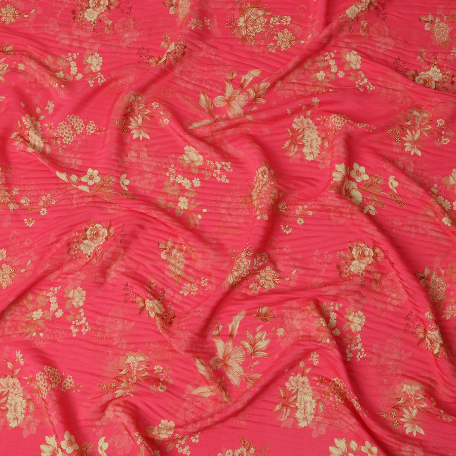 Pink and Gold Floral Printed Viscose Crepe Fabric, 110 Cms Width, Made in India-D26219