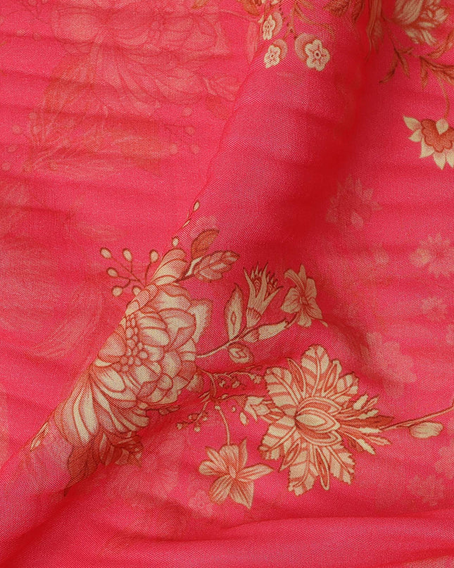 Pink and Gold Floral Printed Viscose Crepe Fabric, 110 Cms Width, Made in India-D26219