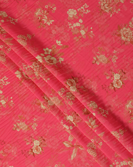 Pink and Gold Floral Printed Viscose Crepe Fabric, 110 Cms Width, Made in India-D26219