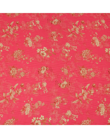 Pink and Gold Floral Printed Viscose Crepe Fabric, 110 Cms Width, Made in India-D26219
