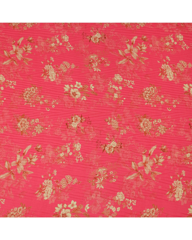 Pink and Gold Floral Printed Viscose Crepe Fabric, 110 Cms Width, Made in India-D26219