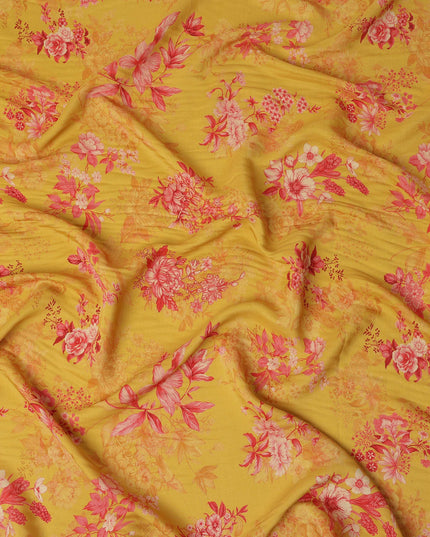 Mustard and Pink Floral Printed Viscose Crepe Fabric, 110 Cms Width, Made in India-D26221