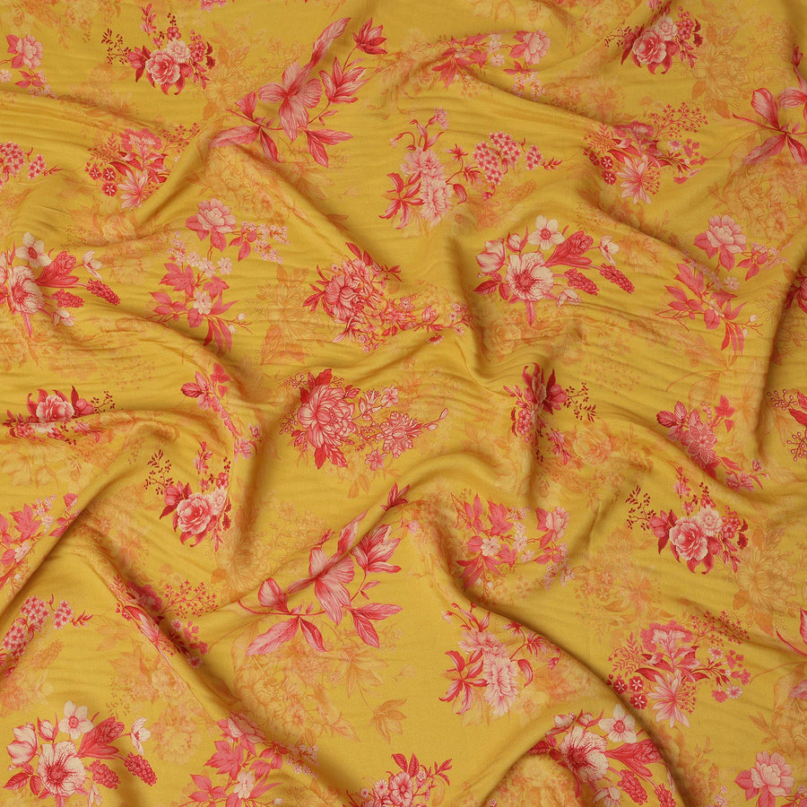 Mustard and Pink Floral Printed Viscose Crepe Fabric, 110 Cms Width, Made in India-D26221