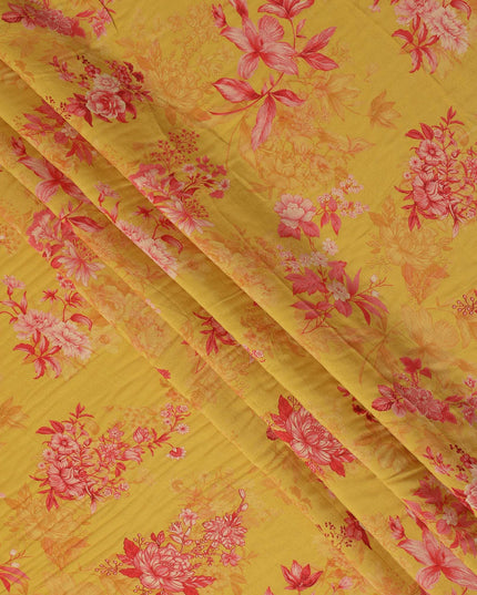 Mustard and Pink Floral Printed Viscose Crepe Fabric, 110 Cms Width, Made in India-D26221