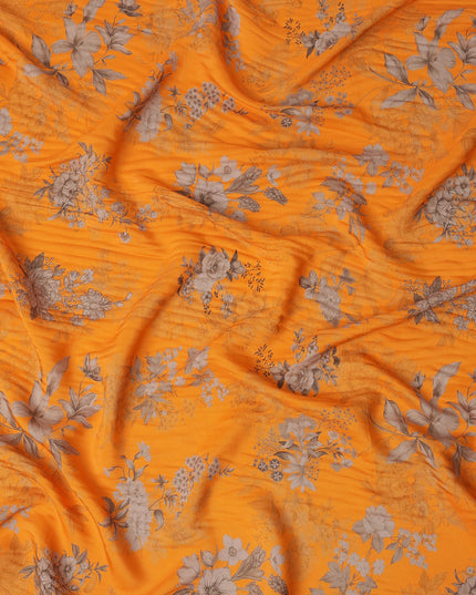 Orange and Grey Floral Printed Viscose Crepe Fabric, 110 Cms Width, Made in India-D26218