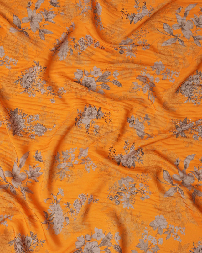 Orange and Grey Floral Printed Viscose Crepe Fabric, 110 Cms Width, Made in India-D26218