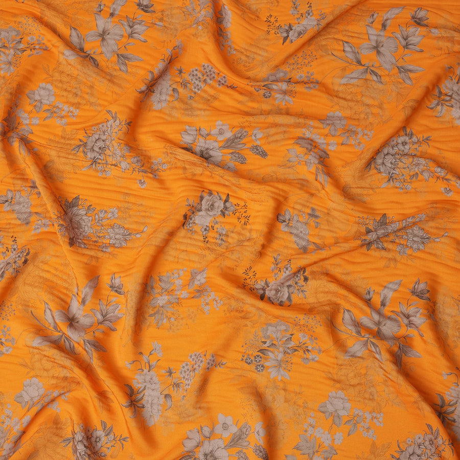 Orange and Grey Floral Printed Viscose Crepe Fabric, 110 Cms Width, Made in India-D26218
