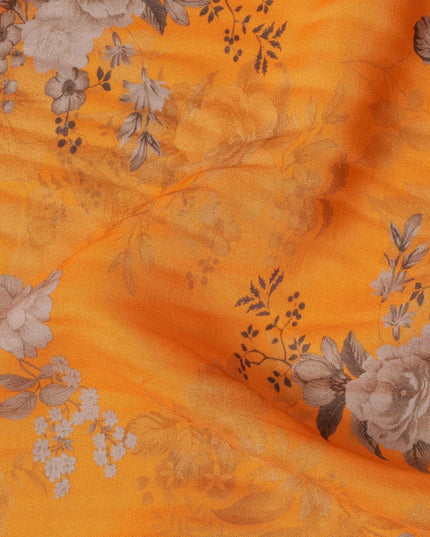 Orange and Grey Floral Printed Viscose Crepe Fabric, 110 Cms Width, Made in India-D26218