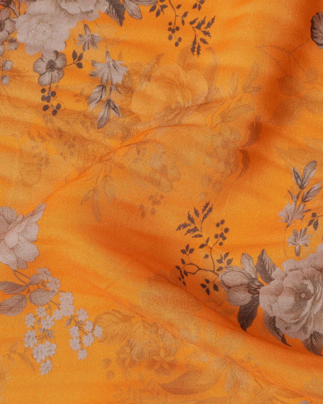 Orange and Grey Floral Printed Viscose Crepe Fabric, 110 Cms Width, Made in India-D26218