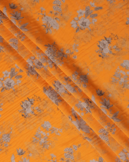 Orange and Grey Floral Printed Viscose Crepe Fabric, 110 Cms Width, Made in India-D26218