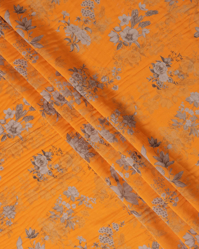 Orange and Grey Floral Printed Viscose Crepe Fabric, 110 Cms Width, Made in India-D26218