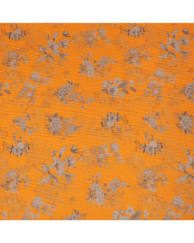 Orange and Grey Floral Printed Viscose Crepe Fabric, 110 Cms Width, Made in India-D26218