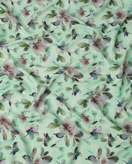 Mint Green and Multicolor Watercolor Floral Printed Viscose Crepe Fabric, 110 Cms Width, Made in India-D26223