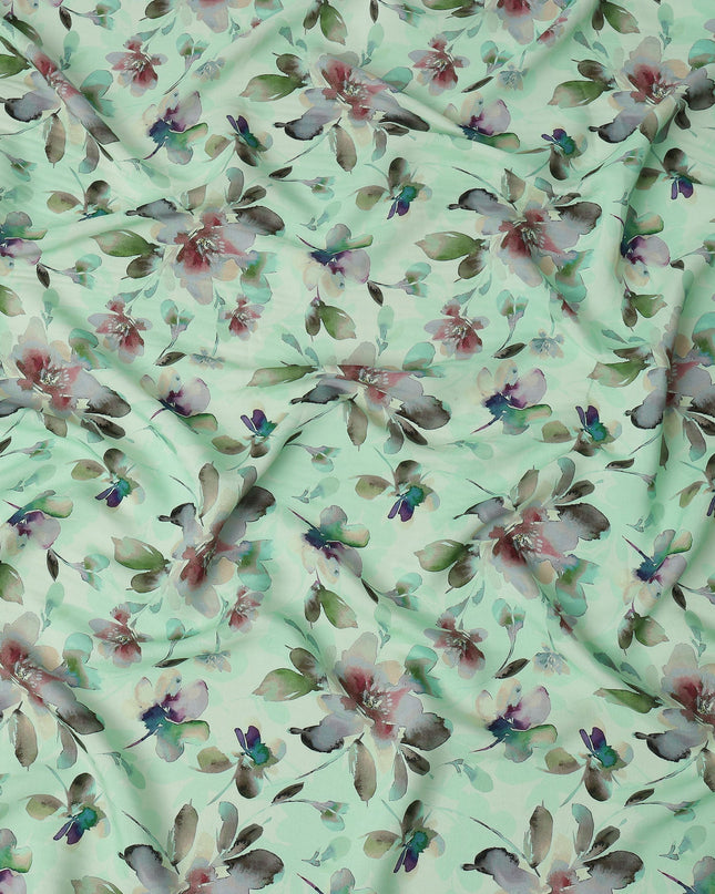 Mint Green and Multicolor Watercolor Floral Printed Viscose Crepe Fabric, 110 Cms Width, Made in India-D26223