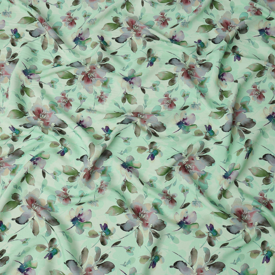 Mint Green and Multicolor Watercolor Floral Printed Viscose Crepe Fabric, 110 Cms Width, Made in India-D26223