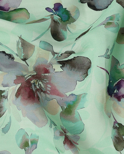 Mint Green and Multicolor Watercolor Floral Printed Viscose Crepe Fabric, 110 Cms Width, Made in India-D26223