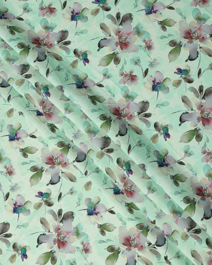 Mint Green and Multicolor Watercolor Floral Printed Viscose Crepe Fabric, 110 Cms Width, Made in India-D26223