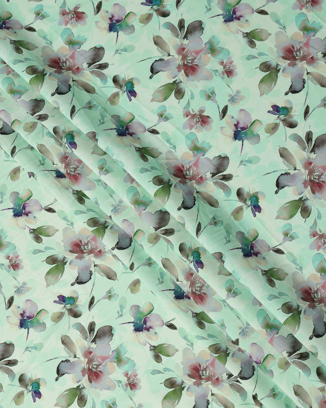 Mint Green and Multicolor Watercolor Floral Printed Viscose Crepe Fabric, 110 Cms Width, Made in India-D26223