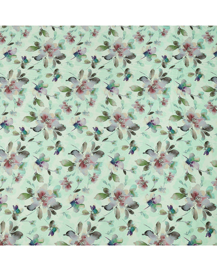 Mint Green and Multicolor Watercolor Floral Printed Viscose Crepe Fabric, 110 Cms Width, Made in India-D26223