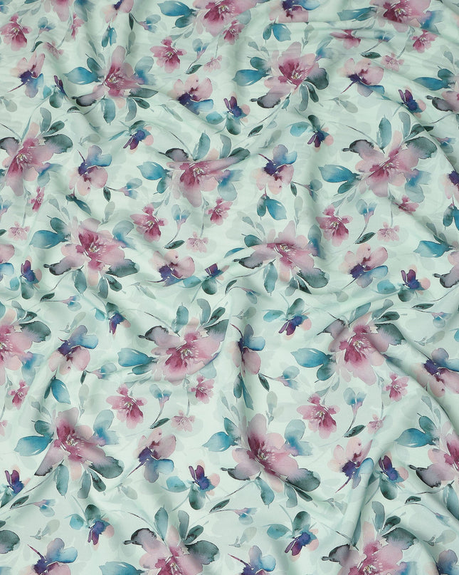 Mint Green Watercolor Floral Print Viscose Georgette Fabric Soft Flowing Botanical Flower Design Lightweight Dressmaking Sewing Material 110 Cms Width Made in India-D28252