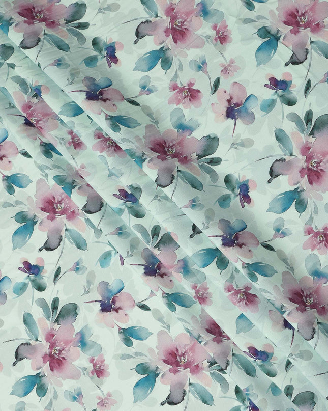 Mint Green Watercolor Floral Print Viscose Georgette Fabric Soft Flowing Botanical Flower Design Lightweight Dressmaking Sewing Material 110 Cms Width Made in India-D28252
