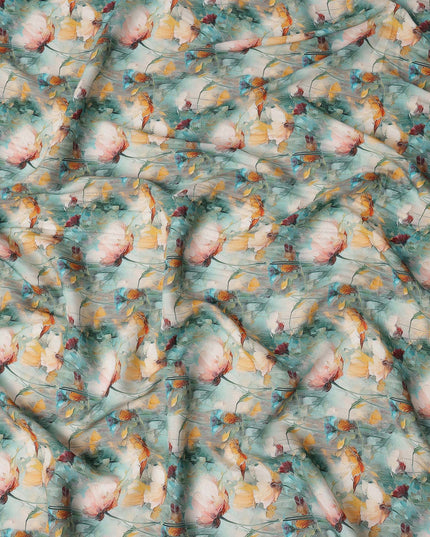 Aqua Blue and Peach Floral Printed Viscose Crepe Fabric, 110 Cms Width, Made in India-D26222 Regal Fabrics