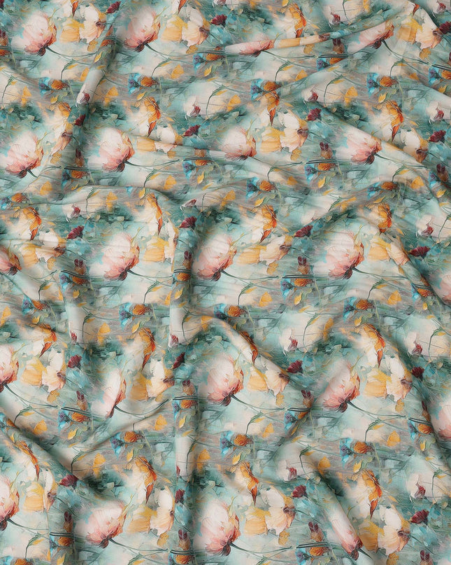 Aqua Blue and Peach Floral Printed Viscose Crepe Fabric, 110 Cms Width, Made in India-D26222