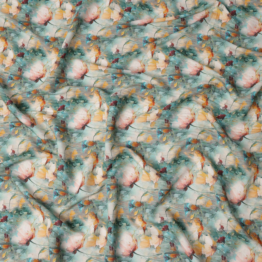 Aqua Blue and Peach Floral Printed Viscose Crepe Fabric, 110 Cms Width, Made in India-D26222 Regal Fabrics
