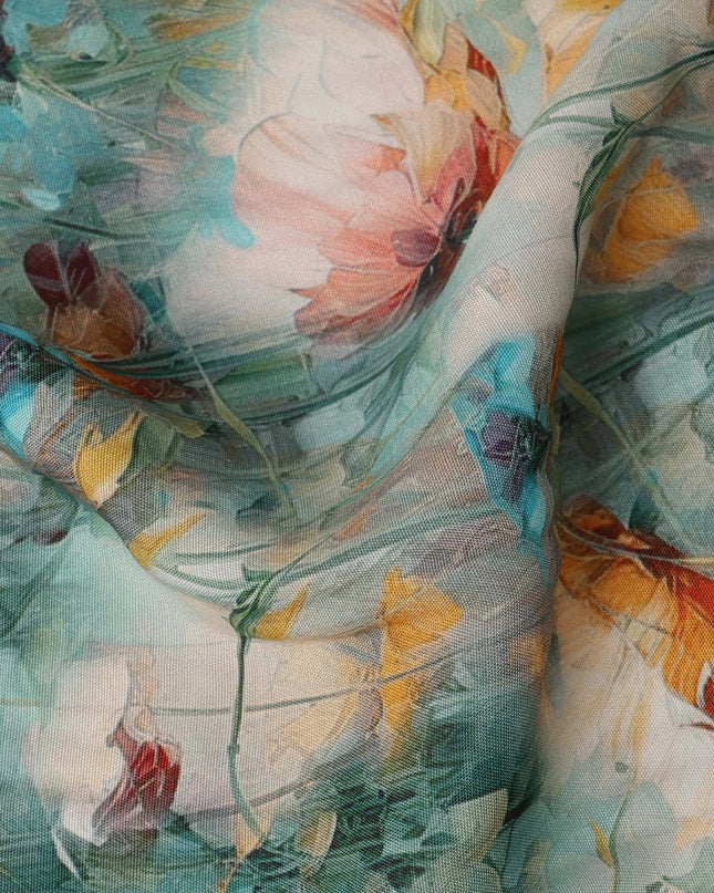 Aqua Blue and Peach Floral Printed Viscose Crepe Fabric, 110 Cms Width, Made in India-D26222
