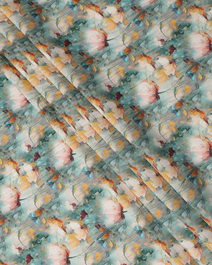 Aqua Blue and Peach Floral Printed Viscose Crepe Fabric, 110 Cms Width, Made in India-D26222 Regal Fabrics