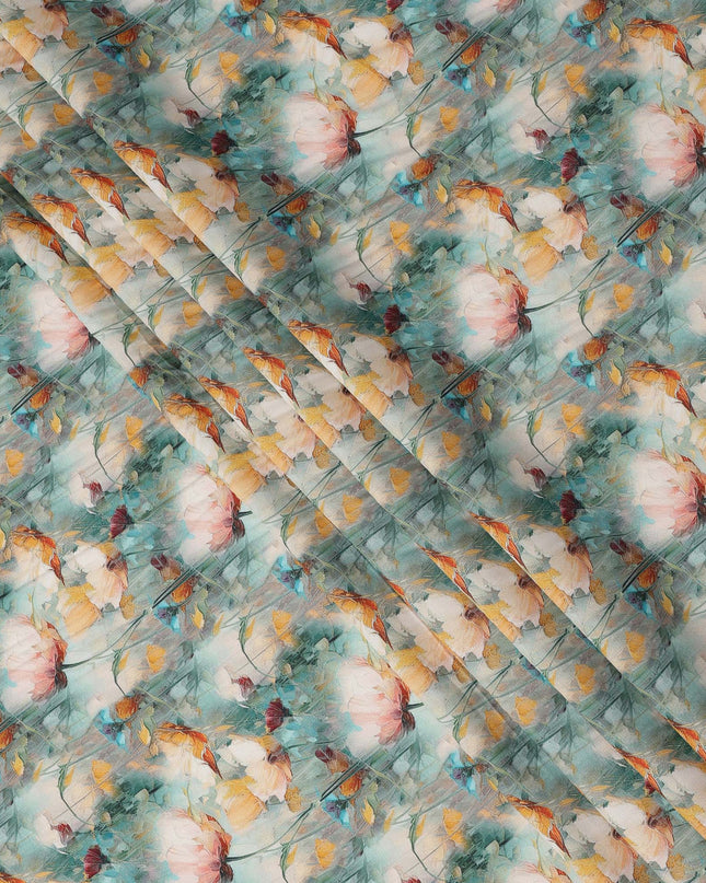 Aqua Blue and Peach Floral Printed Viscose Crepe Fabric, 110 Cms Width, Made in India-D26222