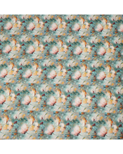 Aqua Blue and Peach Floral Printed Viscose Crepe Fabric, 110 Cms Width, Made in India-D26222 Regal Fabrics