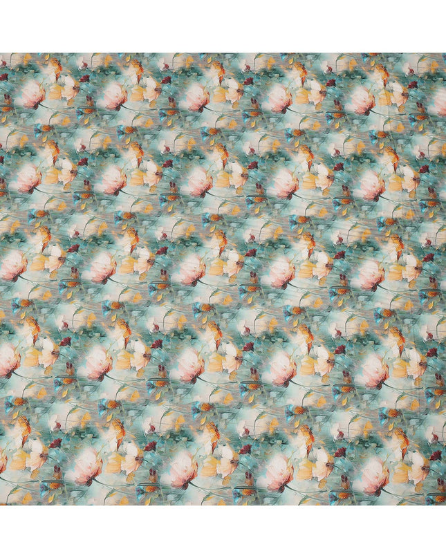 Aqua Blue and Peach Floral Printed Viscose Crepe Fabric, 110 Cms Width, Made in India-D26222