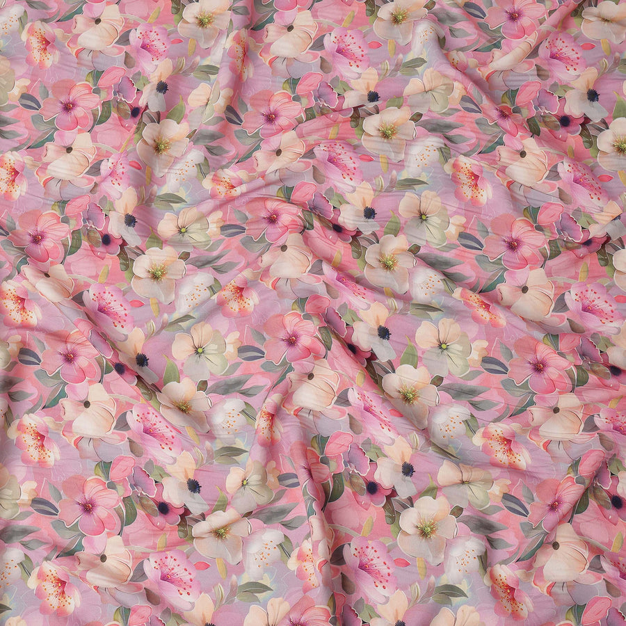 Pink Multicolor Floral Printed Viscose Crepe Fabric, 110 Cms Width, Made in India-D26216