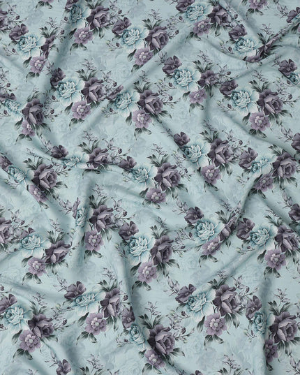 Sky Blue and Grey Floral Printed Viscose Crepe Fabric, 110 Cms Width, Made in India-D26215