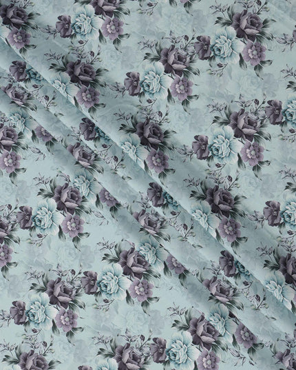 Sky Blue and Grey Floral Printed Viscose Crepe Fabric, 110 Cms Width, Made in India-D26215