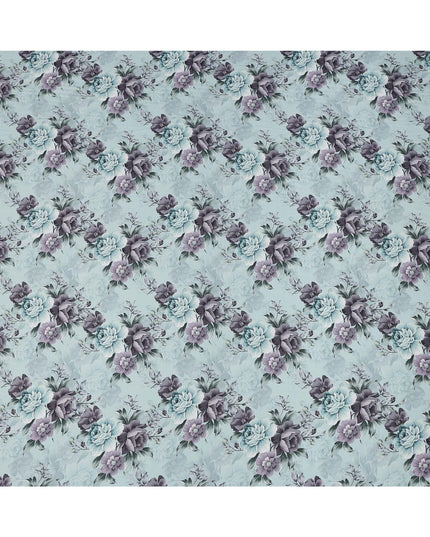 Sky Blue and Grey Floral Printed Viscose Crepe Fabric, 110 Cms Width, Made in India-D26215