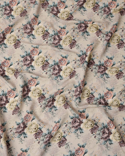 Beige Brown Floral Printed Viscose Crepe Fabric, 110 Cms Width, Made in India-D26213