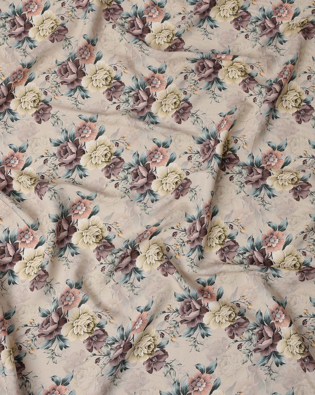 Beige Brown Floral Printed Viscose Crepe Fabric, 110 Cms Width, Made in India-D26213