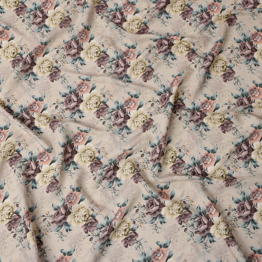 Beige Brown Floral Printed Viscose Crepe Fabric, 110 Cms Width, Made in India-D26213