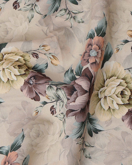 Beige Brown Floral Printed Viscose Crepe Fabric, 110 Cms Width, Made in India-D26213