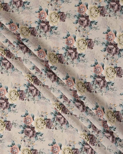 Beige Brown Floral Printed Viscose Crepe Fabric, 110 Cms Width, Made in India-D26213