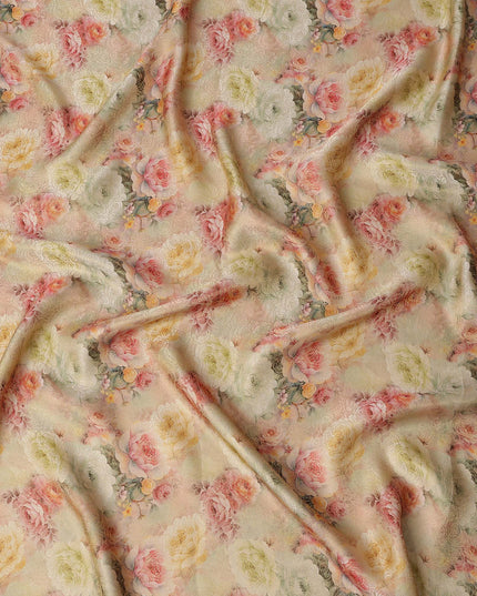 Beige Peach Floral Printed Viscose Jacquard Metallic Fabric, 110 Cms Width, Made in India-D26210