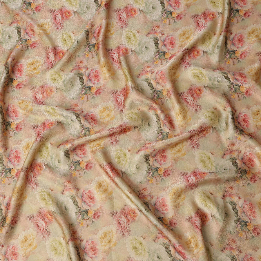 Beige Peach Floral Printed Viscose Jacquard Metallic Fabric, 110 Cms Width, Made in India-D26210