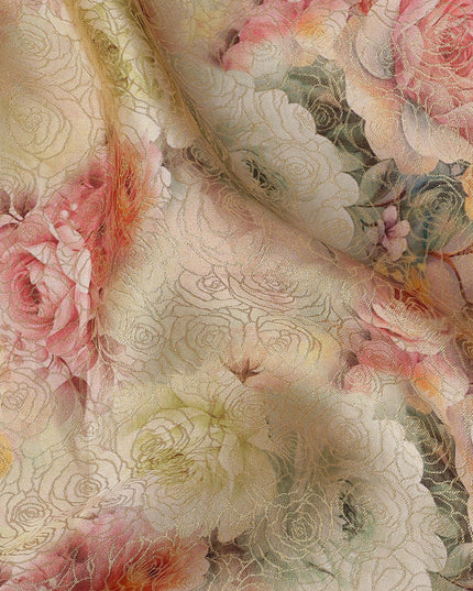Beige Peach Floral Printed Viscose Jacquard Metallic Fabric, 110 Cms Width, Made in India-D26210